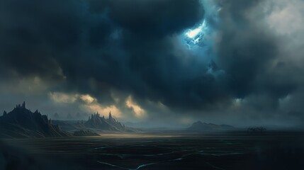 painting style illustration stormy black dark cloud drifting over vast landscape of desolated land 