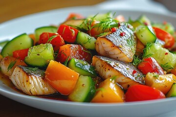 Wall Mural - Delicious grilled fish with fresh vegetables and dill