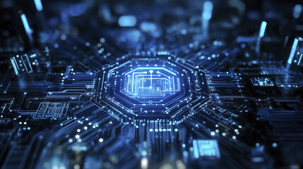 Blue digital technology background with mechanical elements and circuits