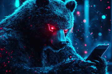 Wall Mural - a futuristic cyberpunk style ,bear has glowing red eyes, focused on a smartphone. data virus securit