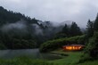 © Richafuji - Misty Forest Retreat Lakeside Cabin at Dusk Tranquil Escape