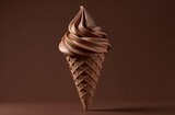 Chocolate textured ice cream with a cone on a plain brown background