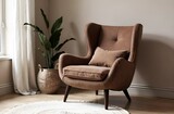 Comfortable armchair in mocha coffee color on a stylish gray background and a house plant. The concept of beautiful home furniture