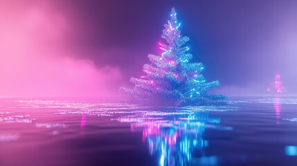 Wall Mural - futuristic neon christmas tree glowing in vivid blue and magenta tones, floating over a reflective p