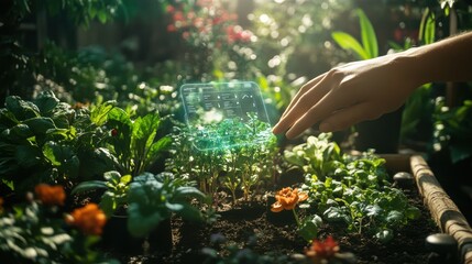 person adjusting plants in a vibrant backyard garden during a sunny afternoon with digital interface