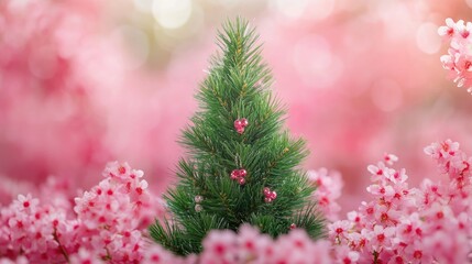 Wall Mural - vibrant green christmas tree surrounded by blooming pink cherry blossoms in a lively spring setting.