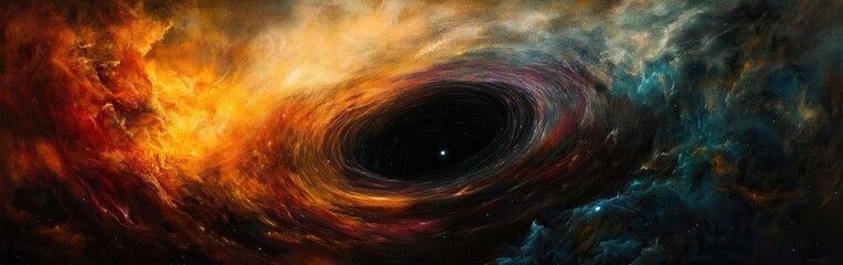 Poster - Mesmerizing view of a black hole surrounded by vibrant cosmic hues and swirling gases in the depths of space
