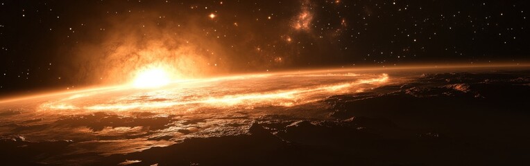 Poster - Artistic representation of an exoplanet showcasing atmospheric phenomena under a starry backdrop