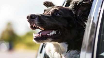 Wall Mural - A happy dog with its head out of a car window, ears flapping in the wind. Bright natural light.