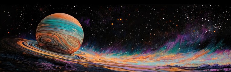Poster - Dazzling cosmic display featuring a vibrant gas giant with colorful rings and a star-filled backdrop
