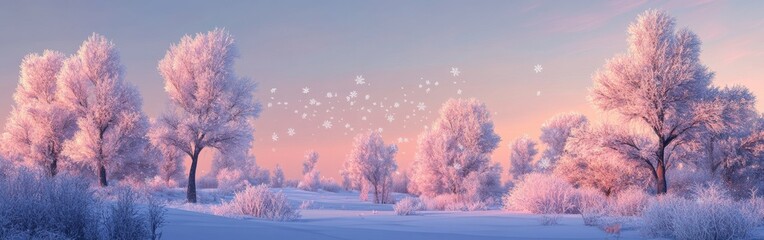 Poster - Serene snowy landscape at twilight with frosted trees and soft twilight hue in the sky