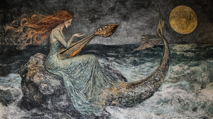 Canvas Print - Mermaid Plays a Lyre by the Ocean at Night