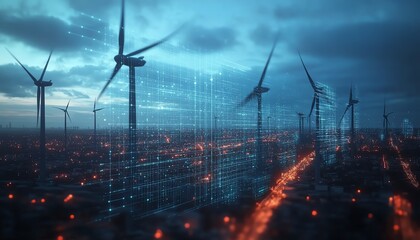 Poster - Hightech digital graphics on wind turbines, symbolizing the future of renewable energy and technological advancements in the green energy field