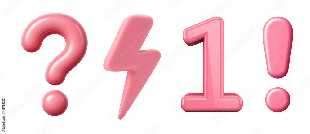 pink exclamation question mark thunder symbol number 1 in 3d render ...