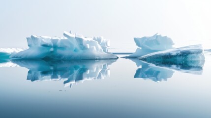 Wall Mural - A serene Arctic landscape with iceberg reflections on calm water, under soft, diffused sunlight creating a tranquil atmosphere. Natural soft light.