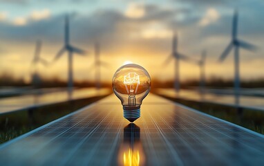 Aufkleber - Renewable energy world with solar panels, wind turbines, and a light bulb on a small Earth, representing sustainable energy solutions across the globe