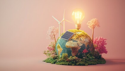 Aufkleber - Small planet Earth with wind turbines, solar panels, and a bright light bulb, symbolizing global renewable energy innovation and sustainability