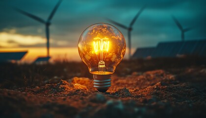 Aufkleber - Small planet Earth with wind turbines, solar panels, and a bright light bulb, symbolizing global renewable energy innovation and sustainability