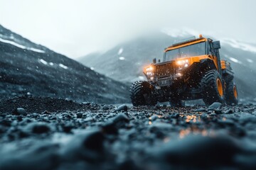 A rugged orange off-road vehicle navigates a rocky, mountainous terrain under overcast skies, highlighting adventure and exploration in challenging environments.