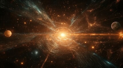 Poster - A wide-angle view of a vibrant energy field in a cosmic setting with planets illuminating the surrounding galaxy