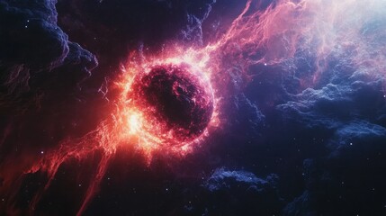 Poster - A glowing energy core floats in space, surrounded by vibrant cosmic clouds and luminous gas formations, creating an otherworldly atmosphere