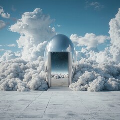 Wall Mural - a futuristic doorway emerges from clouds, reflecting light, creating an ethereal atmosphere of possi