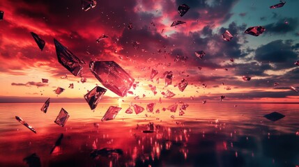 Sticker - Shattered Crystals Falling Over a Sunset Sea