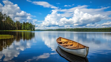 Naklejka na meble Peaceful lake scene with a wooden boat. Concept of tranquility, serenity, and nature.