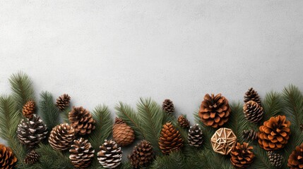 Wall Mural - Christmas border with pine cones and fir branches on grey.