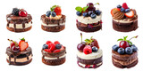 Set of different chocolate and vanilla berry cakes decorated with fresh blueberry, strawberry, raspberry, cherry. Generative AI.