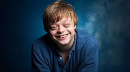 Portrait of smiling laughing teenager guy with Down syndrome blue background.