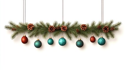 Wall Mural - Christmas garland with fir branches, pine cones, and teal and red ornaments hanging.