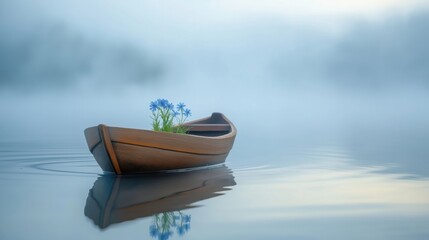 Wall Mural - A small wooden boat floating on calm water with blue flowers in the fog.