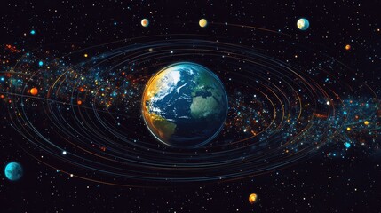 Poster - A detailed illustration of Earth amidst a starry backdrop, showcasing planets and cosmic elements in colorful, vibrant patterns