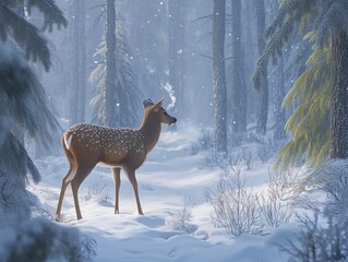 Poster - A graceful deer standing in a snowy forest surrounded by tall trees on a tranquil winter afternoon