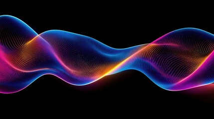 A vibrant wave pattern with blue, pink, and orange colors on a black background.