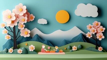 Wall Mural - Breathtaking mountain landscape with vibrant cherry blossoms in full bloom lush green foliage and a serene picturesque setting