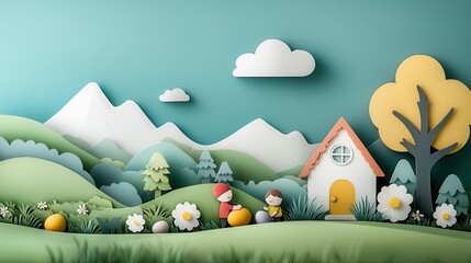 Wall Mural - Whimsical layered papercut landscape featuring a cozy cottage nestled in a lush mountainous valley with vibrant flora fluffy clouds and a bright sun shining in the sky above