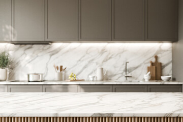 Wall Mural - Elegant modern kitchen with marble counter top. Blurred kitchen background. 3d render.