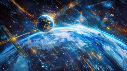 Poster - Exploring the cosmos with Earth at the center and satellites in glowing orbits