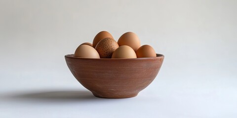 Wall Mural - Brown bowl filled with eggs against a white background, showcasing the natural beauty of eggs in a simple, elegant setting, perfect for food related themes featuring eggs.