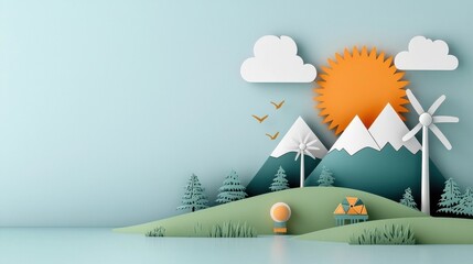 Wall Mural - Serene mountain landscape with renewable energy wind turbines in a minimalist paper cut style digital Scenic pastoral vista with mountains clouds sun and eco friendly clean energy design