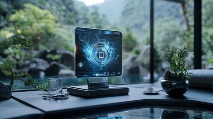 Leinwandbilder - Holographic screen showcasing mobile payment solutions in a modern workspace with serene nature and digital technology