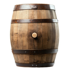 A rustic wooden barrel with metal bands and a circular plug, showcasing its craftsmanship and natural texture.