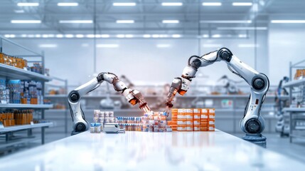 Poster - Robotic arms organizing products in a high-tech warehouse environment minimalist illustration futuristic viewpoint