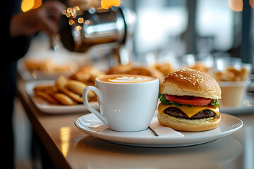 Poster - Background blurr. The waitress put a white coffee glass with a hamburger between the brake and brake food.