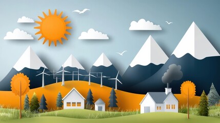 Wall Mural - Stunning autumn landscape with snow capped mountains a quaint village nestled among colorful trees and wind turbines harnessing the power of the wind for renewable energy  A peaceful serene