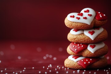 Heart-shaped red and white cookies. Red background. Valentine's Day.