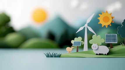 Wall Mural - Renewable Energy Landscape with Wind Turbines and Solar Panels in Serene Countryside Setting  Conceptual 3D of clean eco friendly and sustainable power in a rural natural environment