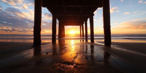 Poster - Expansive view of a beach sunset beneath a pier, featuring lines that draw the eye toward the vanishing point, creating a stunning beach sunset scene for tranquil imagery.